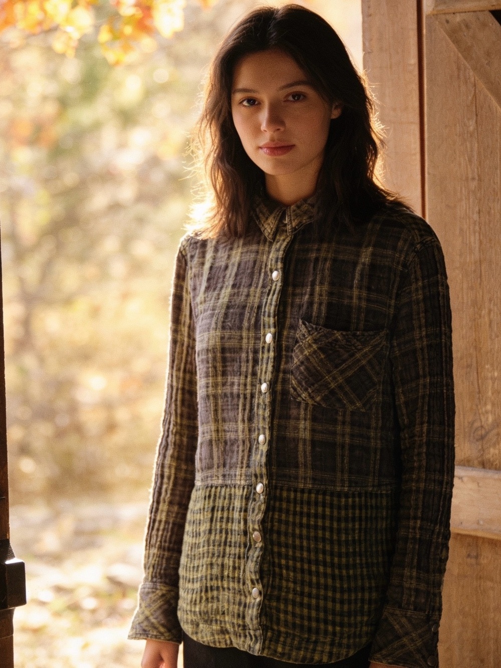 Free People Gauze Cotton Plaid Shirt Dark Academia, Boho (09G0719)